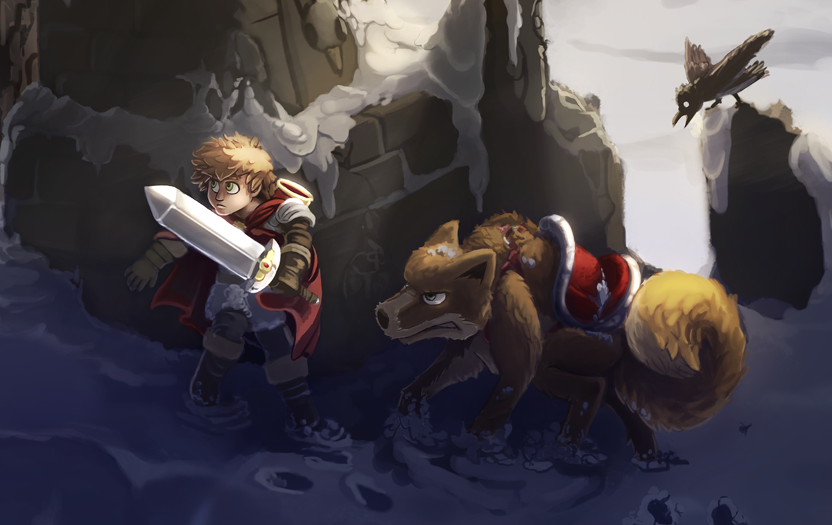 Infiltrating the creature's domain at the top of a snowy mountain at sunset character detail. 
