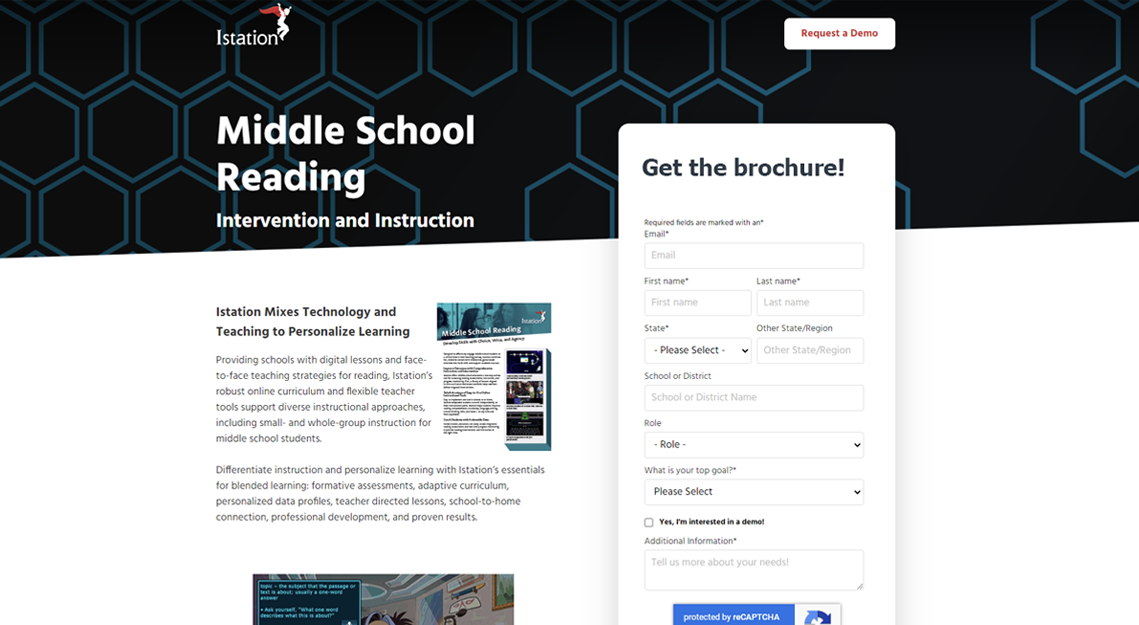 Istation Middle School brochure landing page.