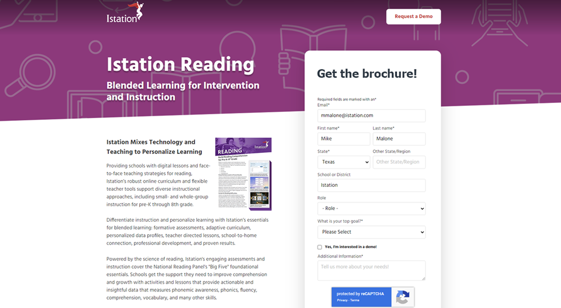 Istation Reading brochure landing page.